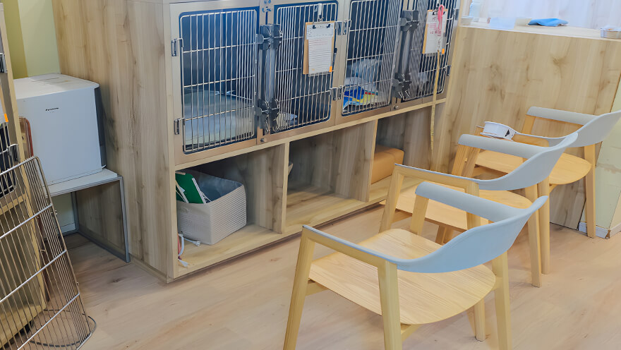 画像：飼い主さんと同じ目線になる落ち着く木製の入院室